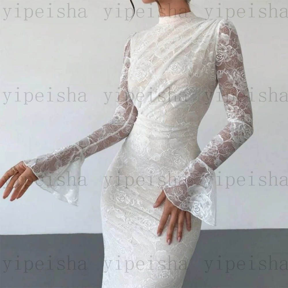 Abiti da sera personalizzati con collo alto e maniche lunghe alla caviglia, abito da ballo lungo in pizzo squisito, abito da festa moderno per signora