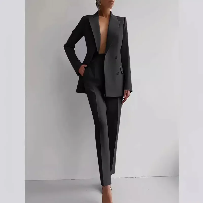 Biuro Marynarka Spodnie Dwuczęściowy Zestaw Womne Moda Buton Garnitur Płaszcze Dwuczęściowe Zestawy Jesień Zima Moda Casual Solid Pant Sets