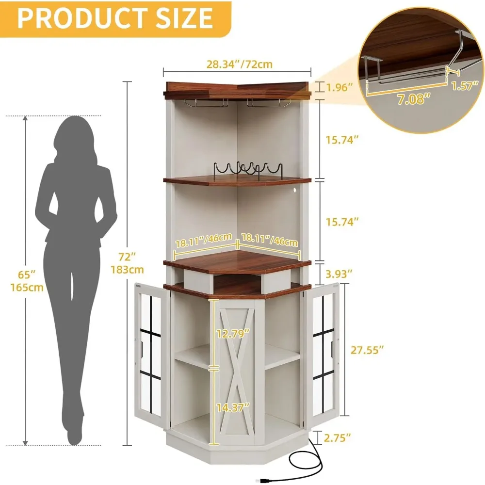 ตู้บาร์เข้ามุมพร้อมประตูกระจกและไฟ LED, ตู้เหล้าบ้านไร่สูง 72 นิ้วบาร์พร้อมที่วางแก้วและไวน์, แอลกอฮอล์ 6 ชั้น