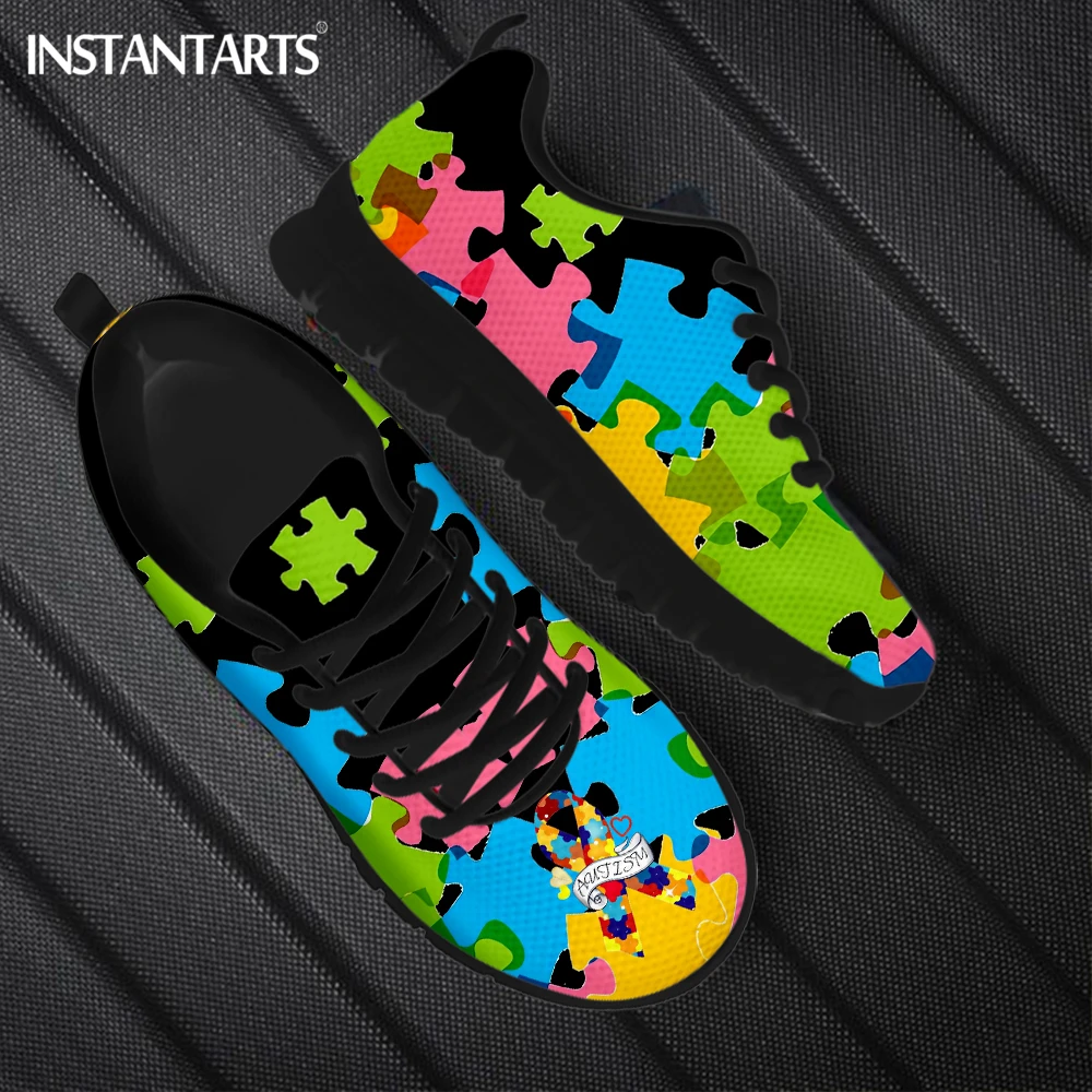 Lightweight Lace up Running Shoes for Women Autism Awareness Puzzle Pattern Mesh Sneakers Ladies Wear Resistant Tennis Footwear