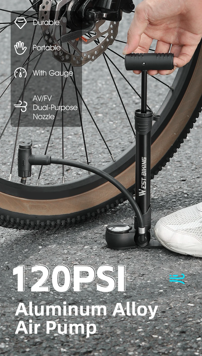 WEST BIKING Fahrradpumpe aus Aluminiumlegierung, 120 PSI, tragbare Hochdruck-Handpumpe mit Manometer, Doppelventil für Fahrrad und Motorrad – Detail 1