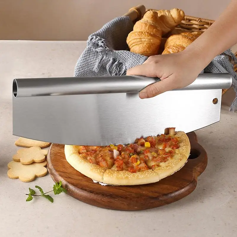 Stainless Steel Mezzaluna Knife Pizza Cutter Fruit Vegetable Salad Chopper Dicer With Curved Blade Kitchen Herb Mincer