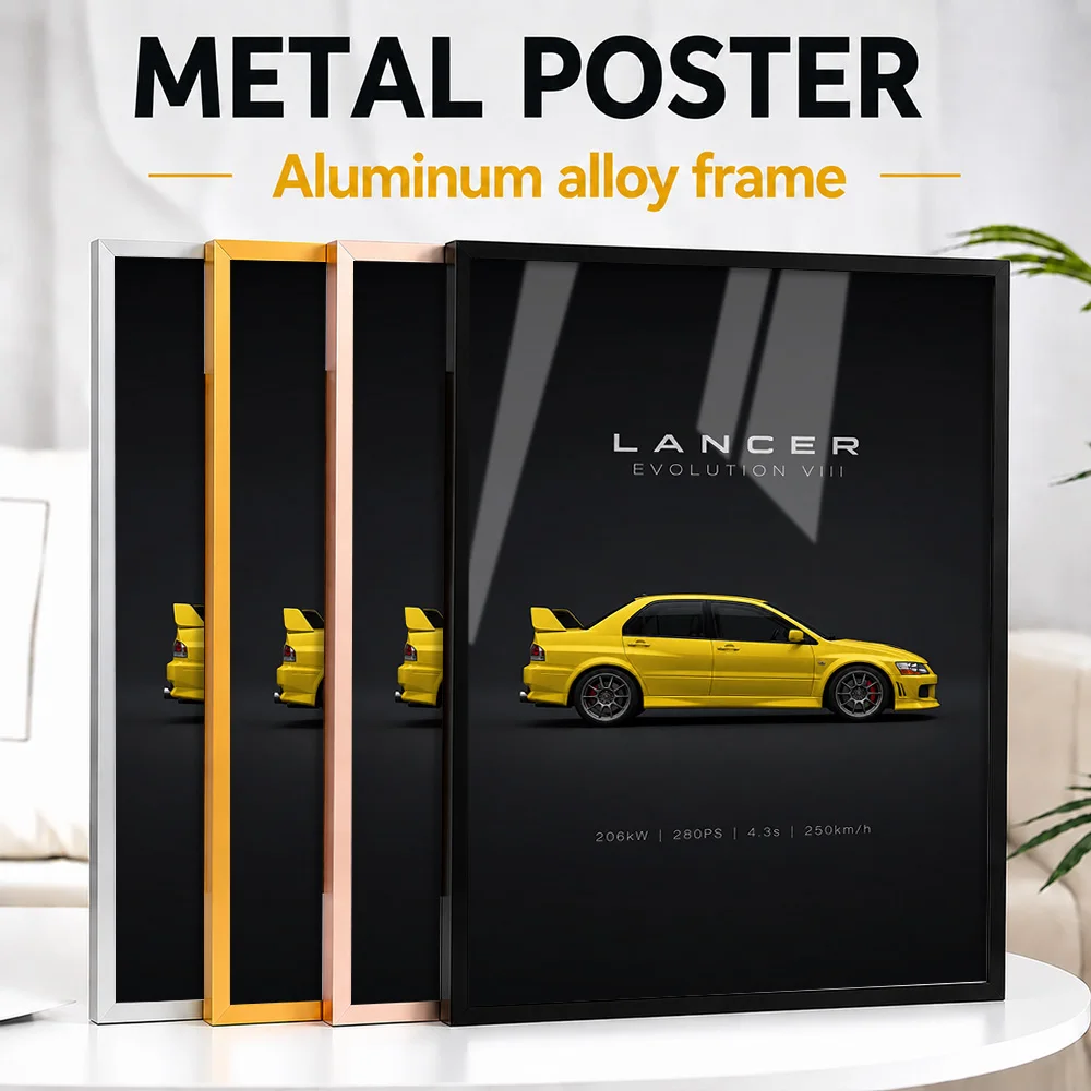 Japanese Lancer Evolution VIII Lightning Yellow Sports Car Framed Metal Print Customized Performance Spirit Wall Art For Garage