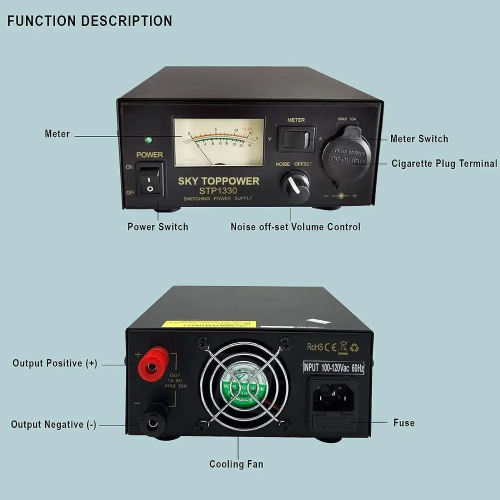 Alimentation CC avec prise allume-cigare Laguna, radio amateur, EAU radio CB, GMRS, LMR, radios bidirectionnelles, contrôle du bruit désactivé, 30V, 30A