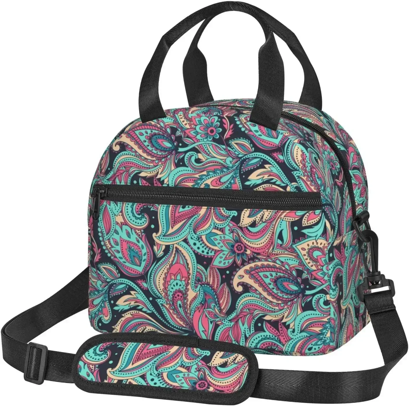 

Tribal Ethnic Vintage Floral Lunch Bag Insulated Box with Adjustable Shoulder Strap Reusable Cooler for Picnic