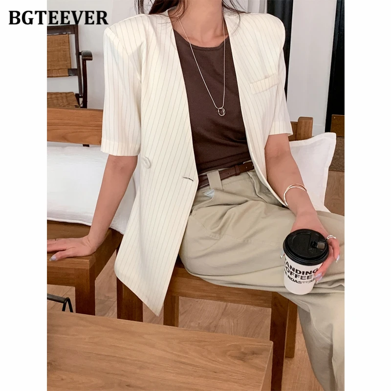 BGTEEVER INS Spring/Summer French Retro V-neck Suit Blazer for Women Two-Button Belt Slim-fit Striped Short-sleeved Jacket