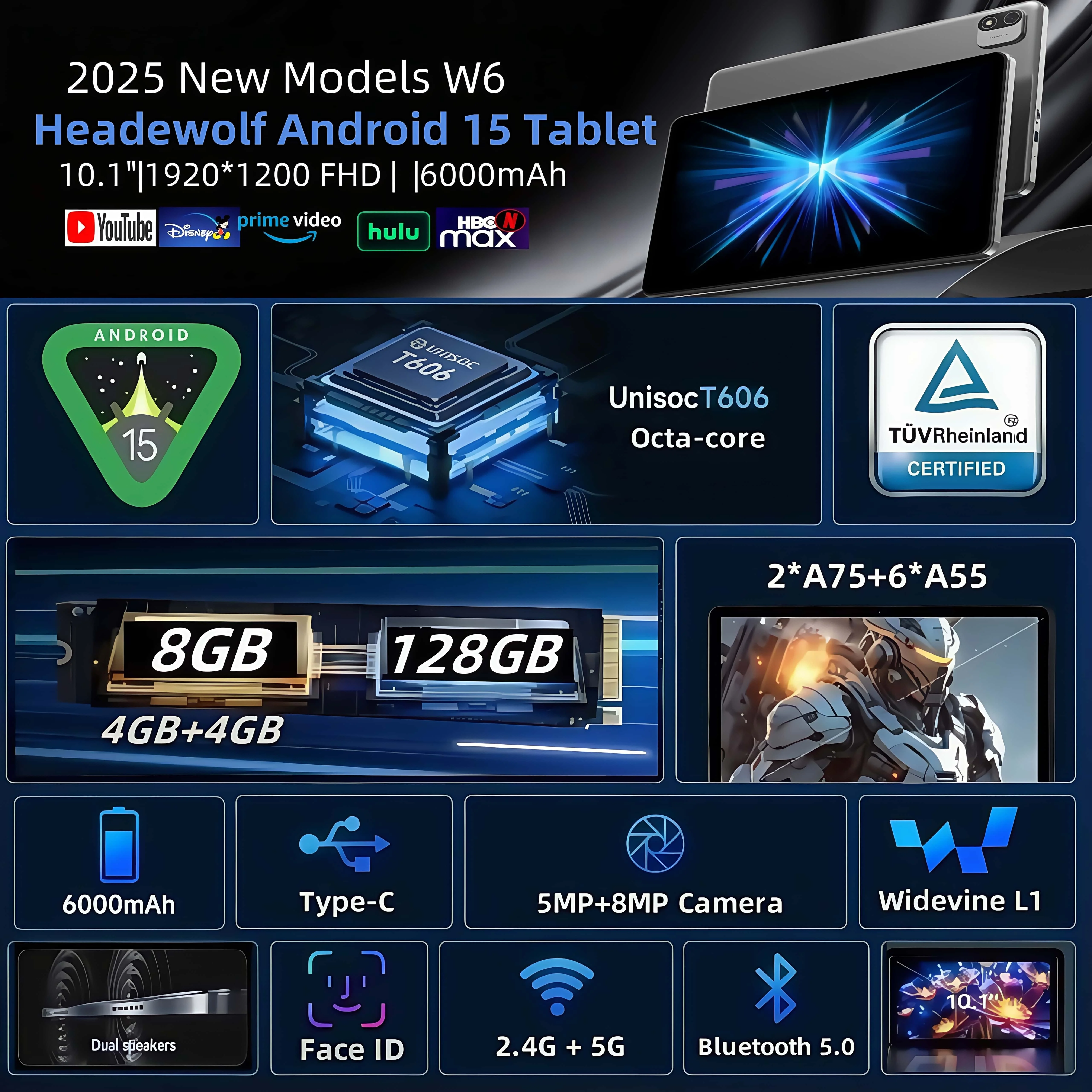 Headwolf WPad6 Android 15 Tablet 10 polegadas 4 + 4GB Ram128GB ROM Wifi Tablet PC 6000 mAh bateria