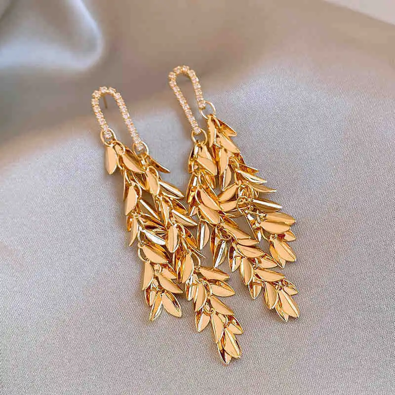 

DREJEW 2025 Zircon Leaves Tassel Earrings for Women European and American Fashion Drop Earrings Luxury Gold Plating Jewelries