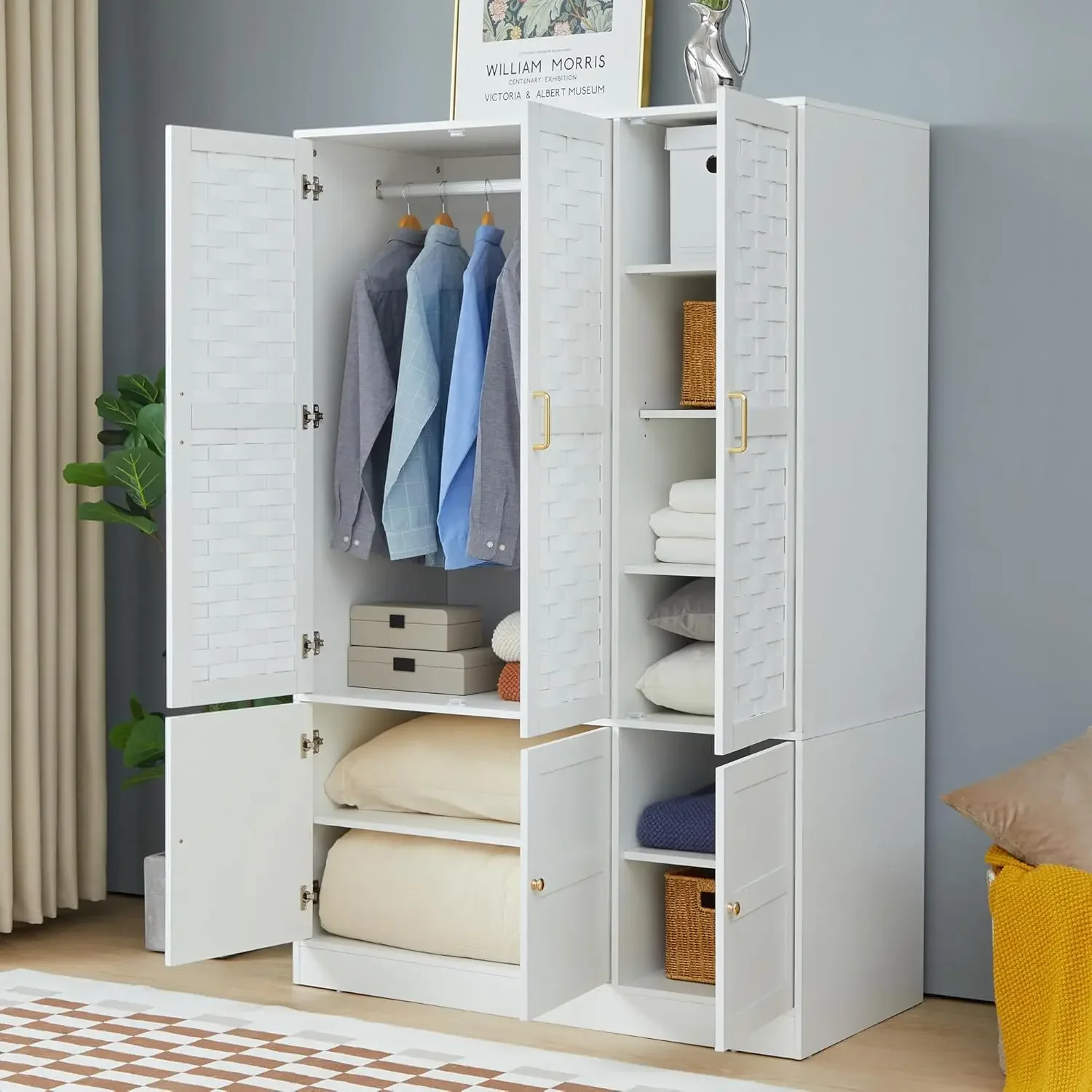 Wardrobe Closet with 6 Woven Doors, White Armoire Wardrobe Cabinet for High Storage Capacity with Adjustable Shelves