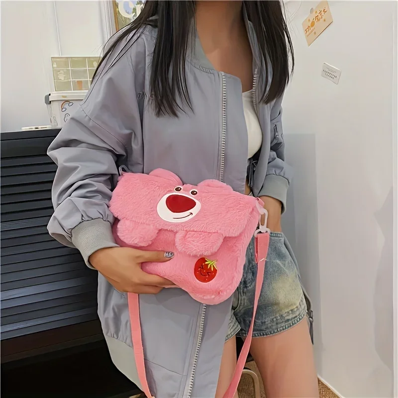 Disney Series Strawberry Bear Plush Shoulder Bag Anime Cartoon Plush Postman Bag Fashion Cute Large Capacity Girl Birthday Gift