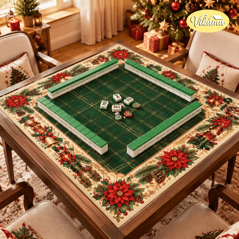 VIKAMA Green Buffalo Plaid Nutcracker Soldier Bell Mahjong Table Mat Non Slip Card Game Xmas Decor Soft Game Table Mat