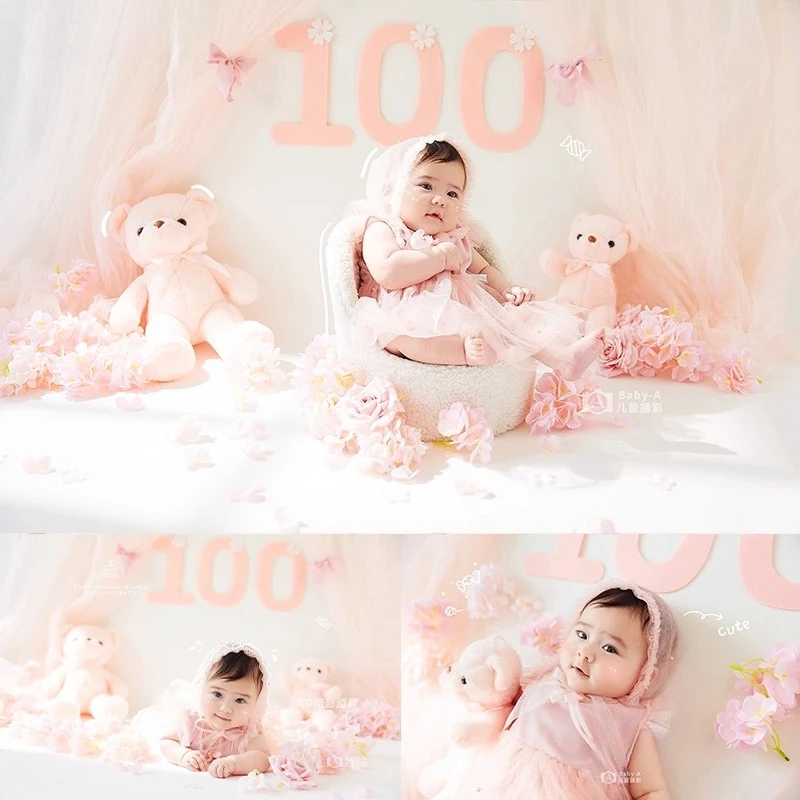

Newborn Photography 100 Days Theme Set Girls Pink Dress Backdrop Bear Doll Flowers Accessories Decors for Studio Photoshoot
