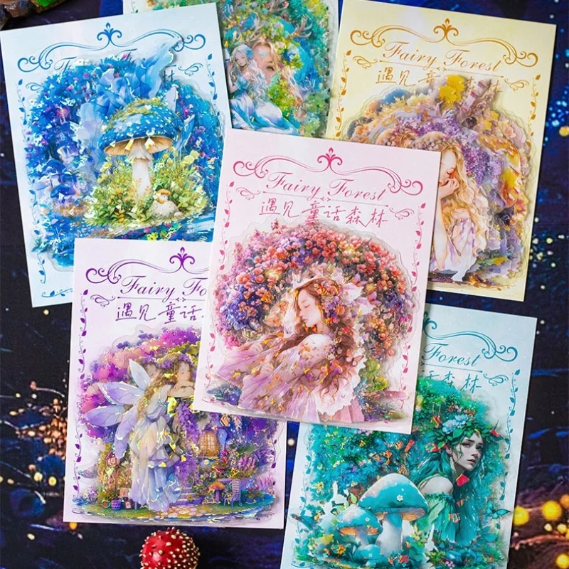 16 Pcs Vintage Fantasy Fairy Forest Tree Mushroom Stickers Waterproof Clear Holographic Scrapbook Sticker For Junk Journal Craft