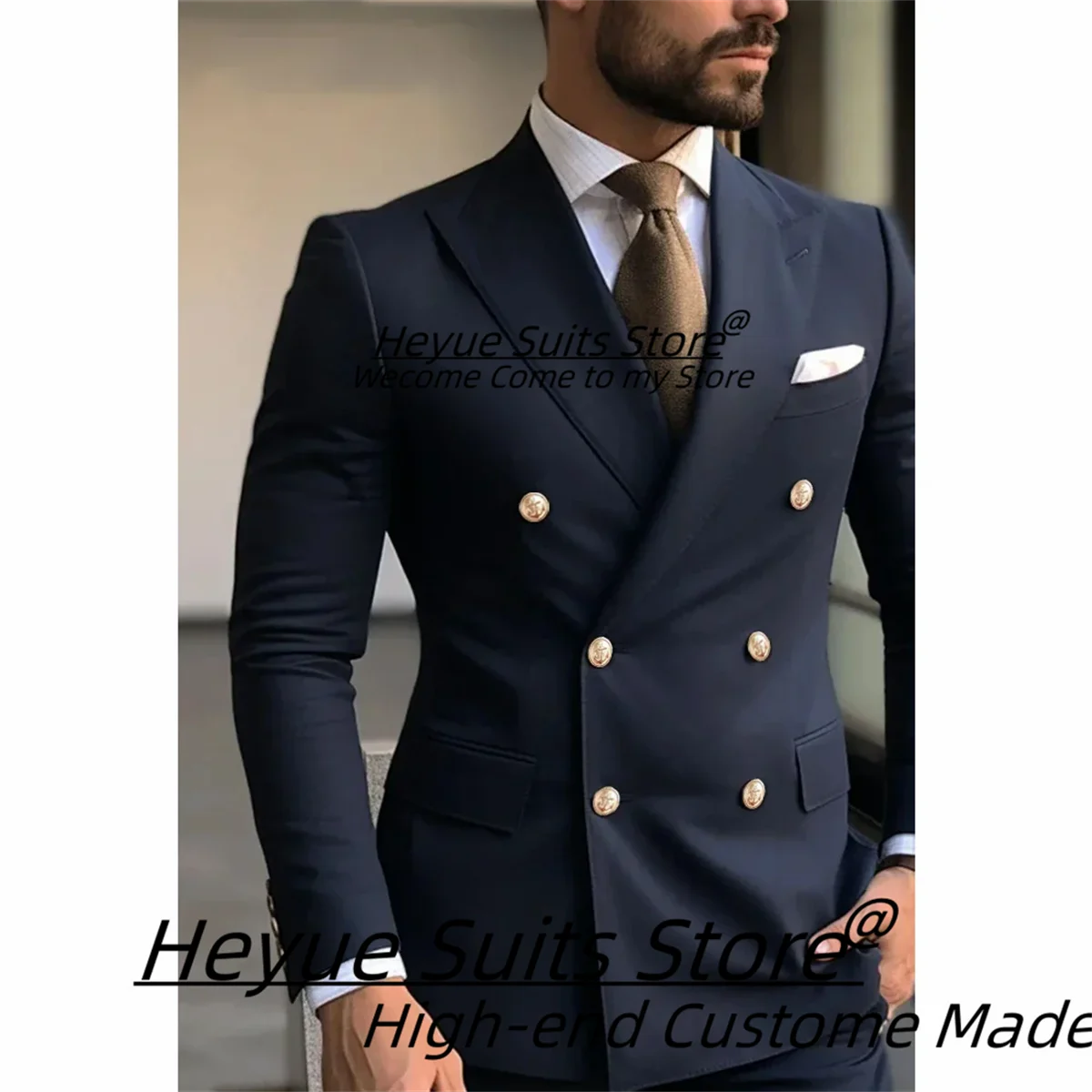 Business Navy Blue Men Suits Slim Fit Double Breasted Groom Wedding Tuxedos 2 Pcs Sets Office Work Male Blazers Costume Homme