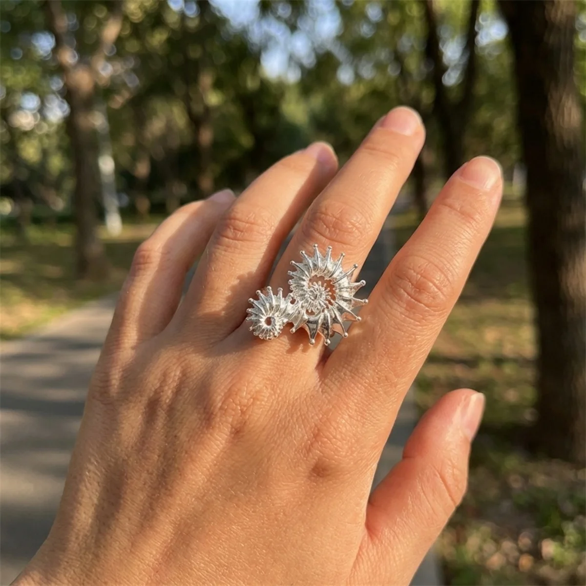 Kreative Vintage Muschel-Öffnungsringe für Damen und Herren, Bohemian Silberfarben, geometrischer Spiral-Fingerring, Sommer, Ozean, Strand, Schmuck – Detail 8