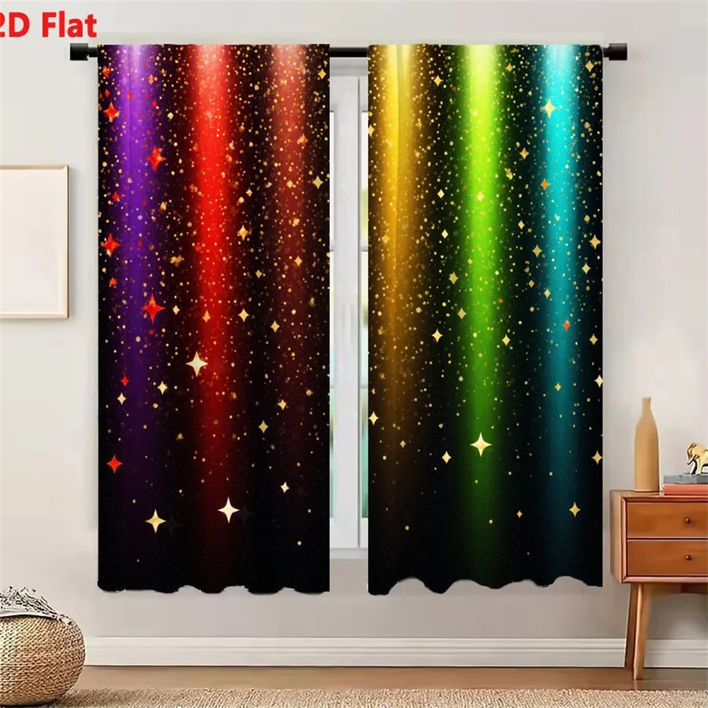 2Pcs Curtains 2D Flat Vibrant Abstract Background With Vertical Light Beams Purple Red Yellow Green Blue And Golden Stars Sparkl
