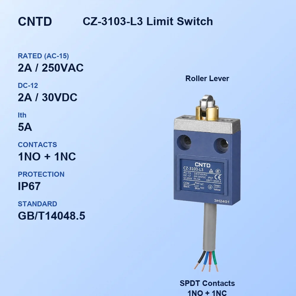 CNTD CZ-3103-L3 Limit Switch IP67 Waterproof Roller Lever SPDT 1NO + 1NC 2A 250VAC Pre-wired 3m Cable Travel Switch