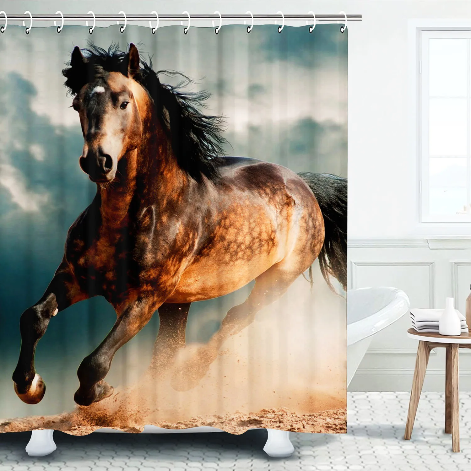 Animals, Horses  Anime Home 100% Polyester Bathroom Accessories 4 Piece Set Mats And Shower Curtain  Curtains Sets Luxury