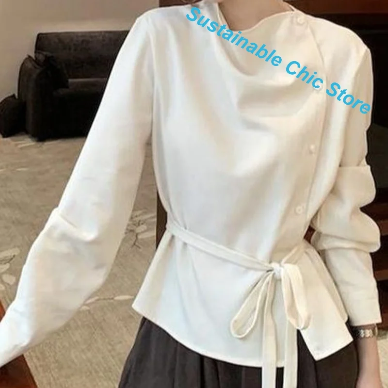 Korean Version of Simple Casual Style Shirt Women's Spring and Autumn New High-grade Sense Strap Waist Long Sleeve Joker Top