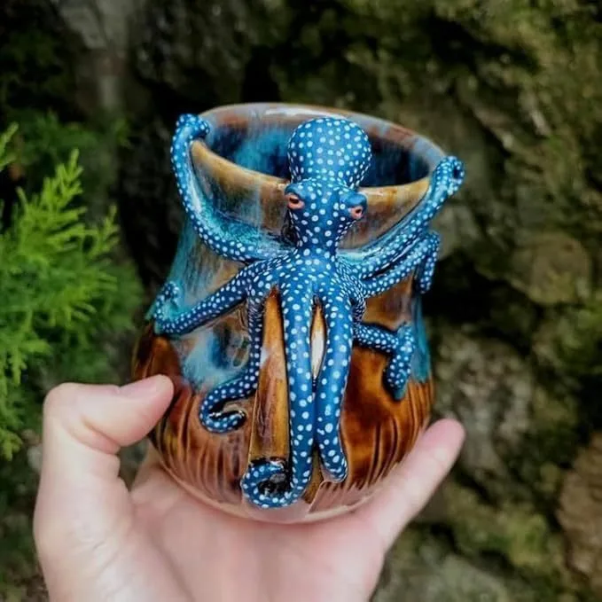 ‌Deep Blue Octopus Resin Mug - Unique Handmade Coffee Cup, Non-Slip Grip & Microwave Safe