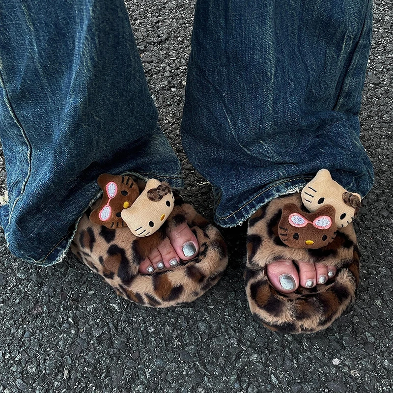 Kitty Leopard Print Fur Slippers For Girls Indoor Home Cotton Slippers Can Be Worn Externally Thick Soled Non Slip Straight