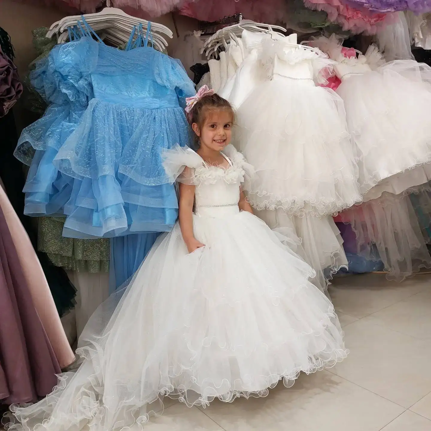 Vestido De Menina De Flor De Pena Branca, Ruffles Tule, Vestido De Primeira Comunhão, Vestidos De Aniversário, Festa De Casamento