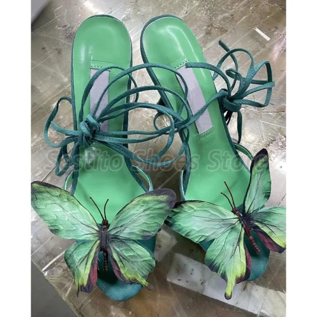 Summer New Green Butterfly Sandały dla kobiet Sexy Open Toe Ankle Strap High Heels Fashion Party Wedding Dress Shoes Stilettos