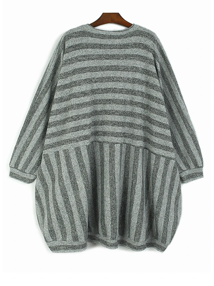 Women Black Gray Striped Big Size Casual Dress New Round Neck Long Sleeve Fashion Tide Spring Autumn X810