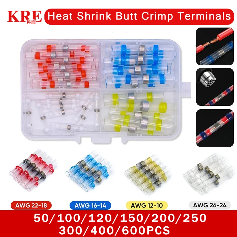 

KRE 50/600Pcs Heat Shrink Butt Crimp Terminals Waterproof Solder Seal Electrical Connectors Wire Cable Splice Kit