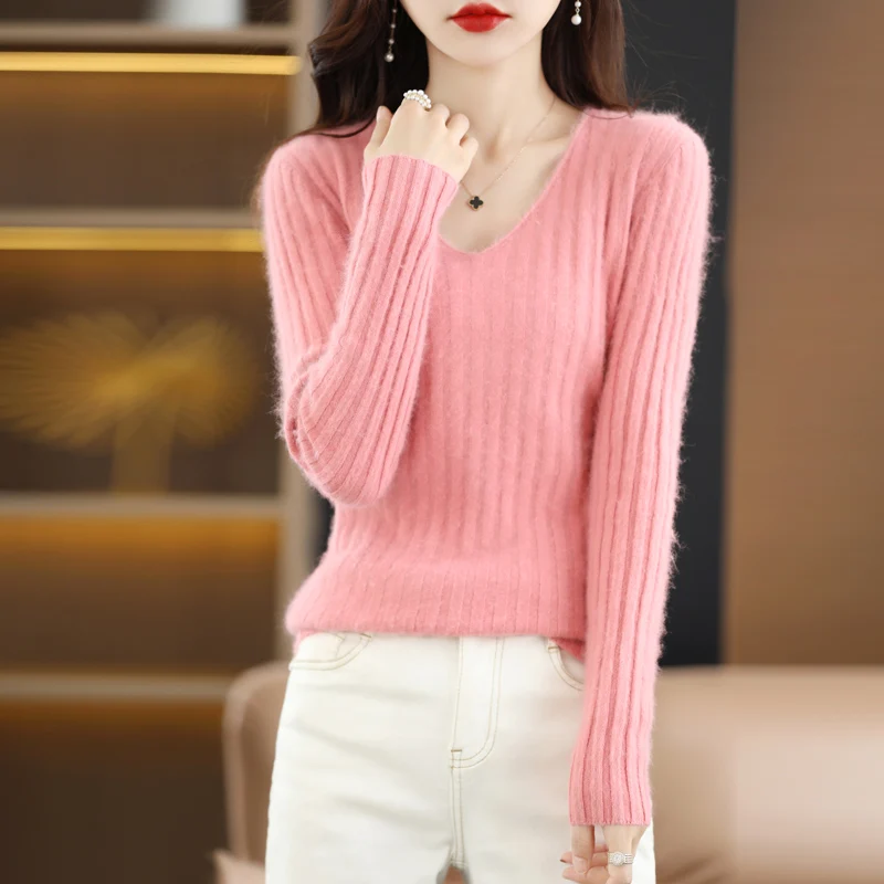 

2023 New Autumn And Winter Mink Fleece Sweater Women's V-neck Slim Fit Slim Woolen Sweater Outer Wear Lnner Laydown Knitted Top