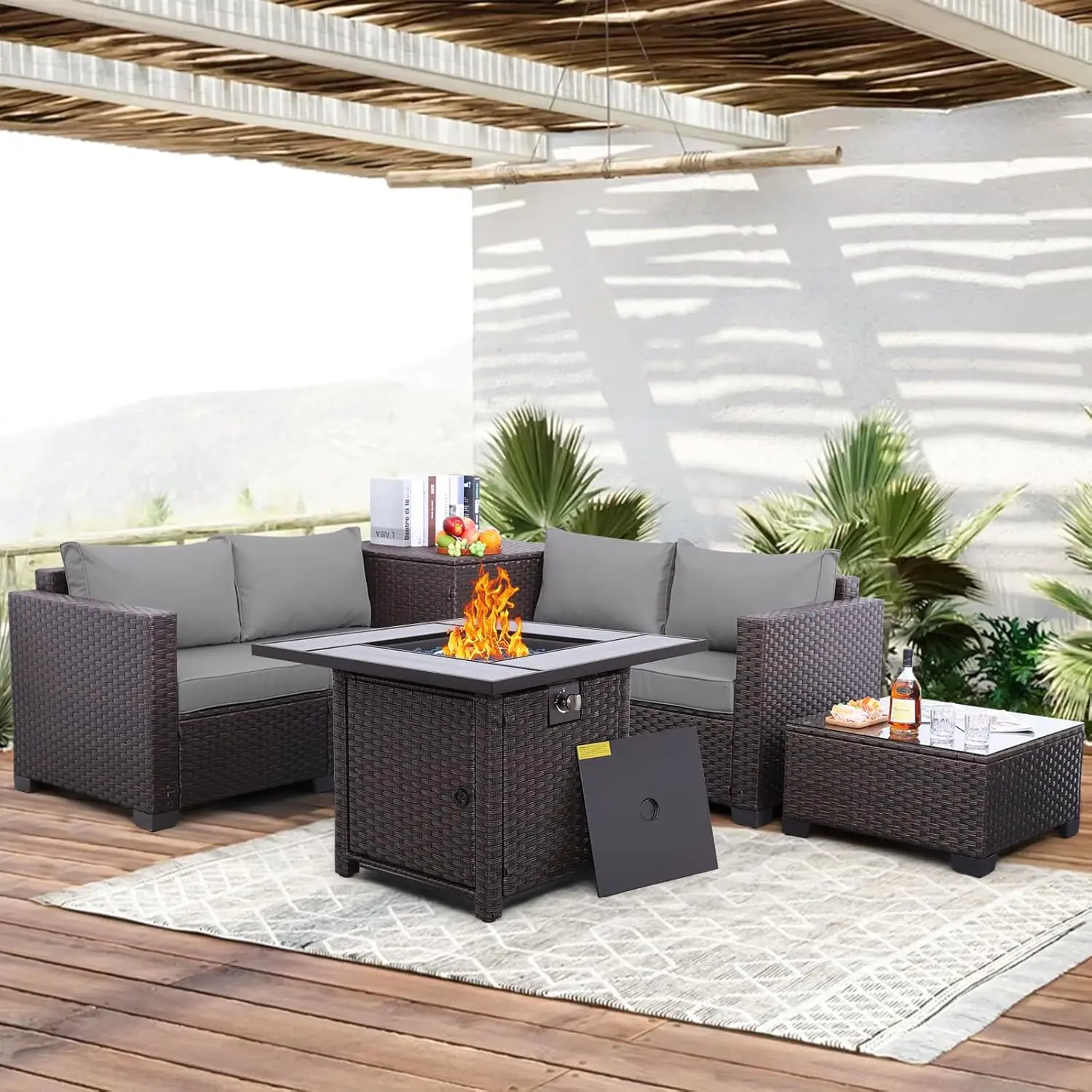 5 Pieces Patio Furniture Set PE Wicker Outdoor Brown Rattan Sectional Sofa Storage Bin Coffee Table and Propane Fire Pit