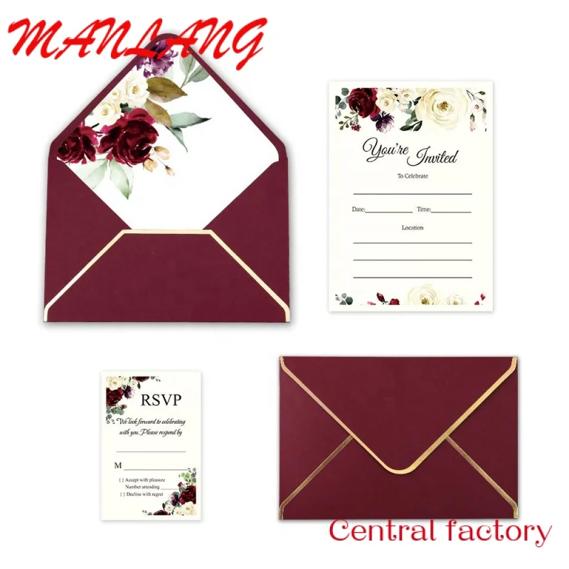 Carte d'invitation de mariage élégante fleur rouge, ensemble avec enveloppe personnalisée disponible