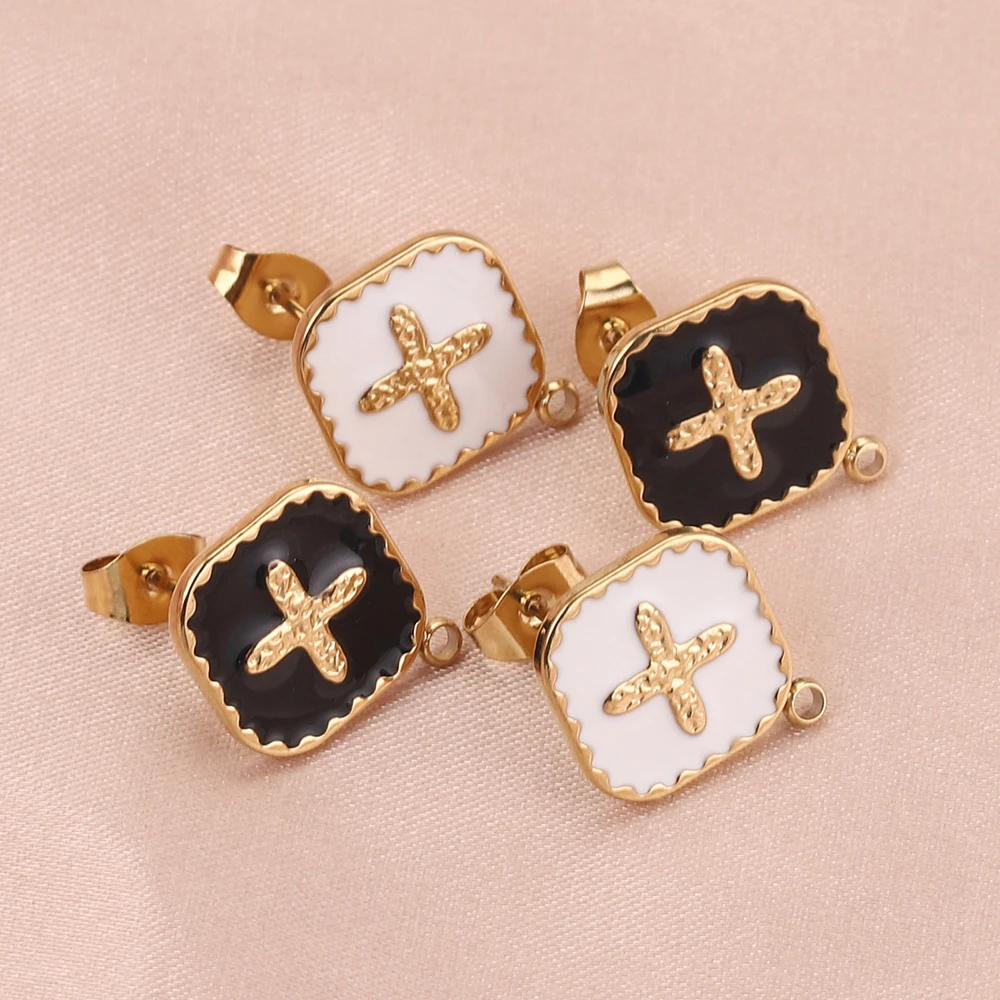 4 pcs 12*12mm Gold-Plate Enamel Black White Stainless Steel Earring Posts Ear Studs with Loop Cross for DIY Jewelry Making women