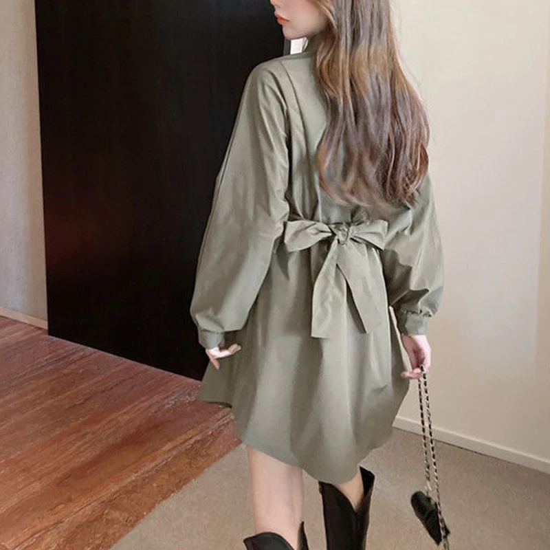 Spring Autumn Solid Color Turn-down Collar Long Sleeve Midi Dress Women High Street Casual Button Patchwork Lacing Bow Vestidos