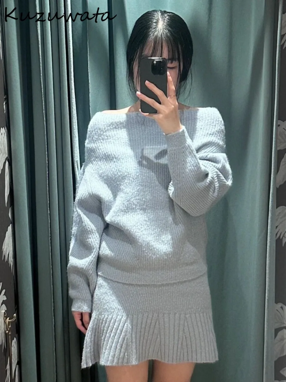 Kuzuwata Playful Sweet Elegant Slash Neck Off Shoulder Set Sweaters High Waist Mermaid Bodycon Skirt Japan Knit Slim Suit Dress