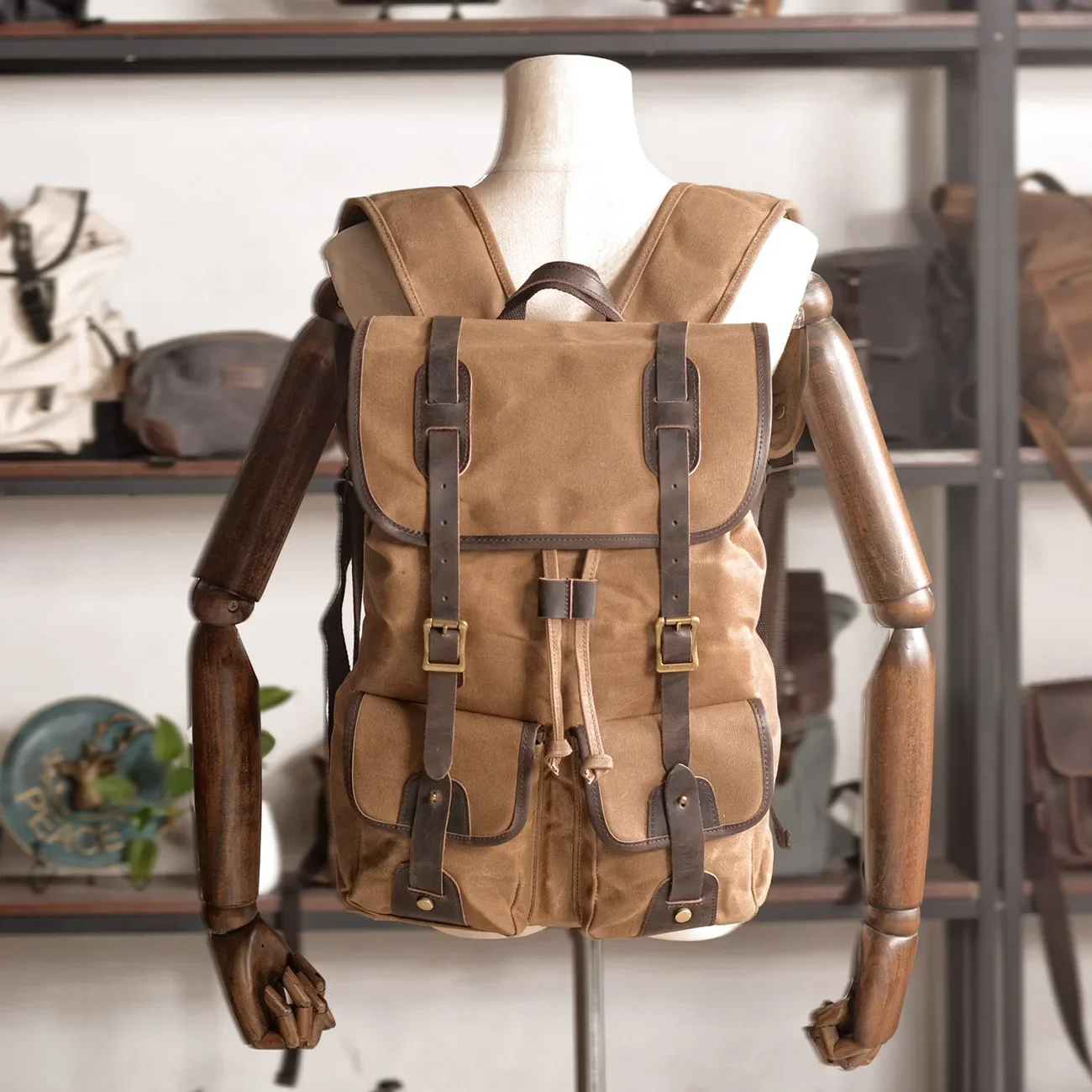 Canvas Cowhide Stitched Mountaineering Backpack Outdoor Camping Travel Backpack