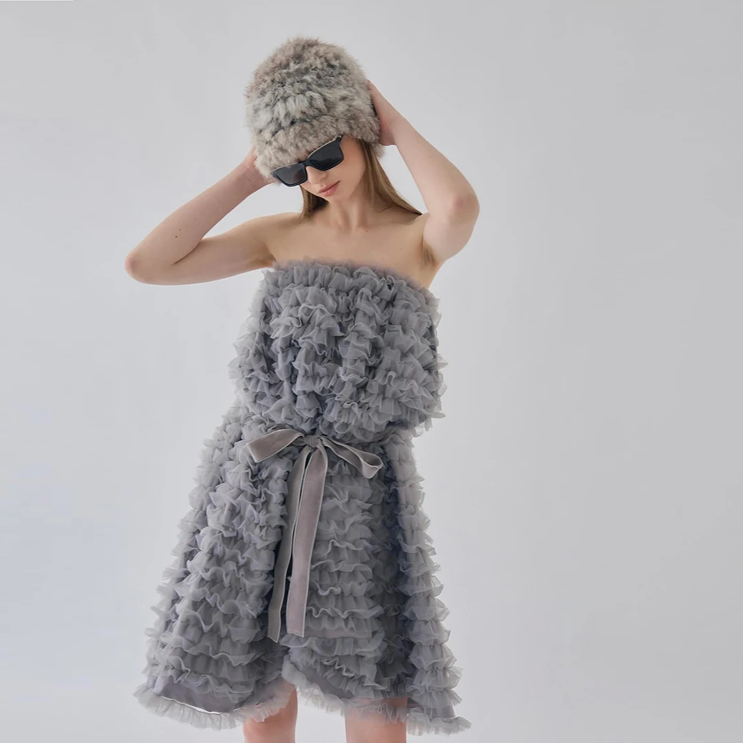 

Fashion Gray Ruffle Pleats Long Tulle Skirts Lady's Elastic Waist Multi-wear Tiered Ruffled Maxi Skirts Dress Tutu Party Skirts