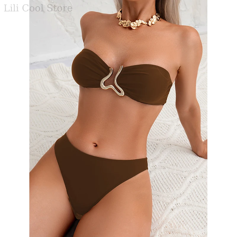3pcs Tube Top Bikini Set And Skirt Women Sexy Metal Decoration Bodysuit Lace-up Bathing Suits Swimwear Beachwear