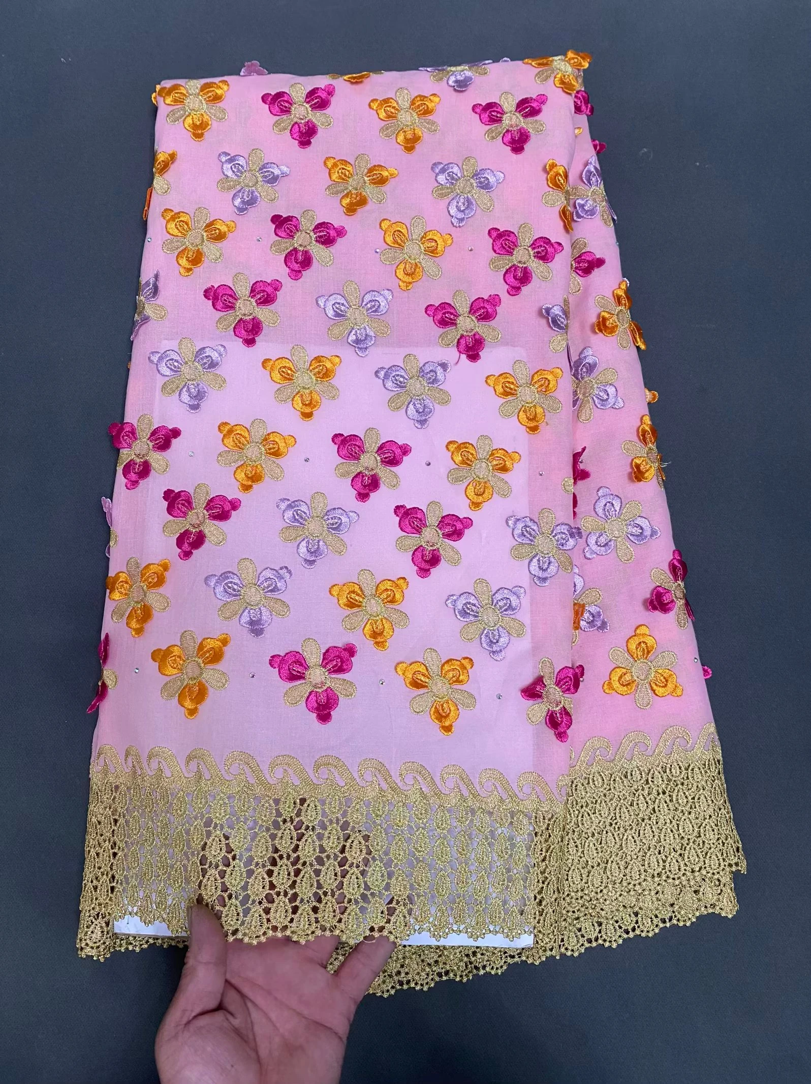 

Luxury Pink 3D 100% Cotton Swiss Voile Lace In Switzerland With 3D Big Flower Applique Fabric Women Wedding Party Dresses M43-1