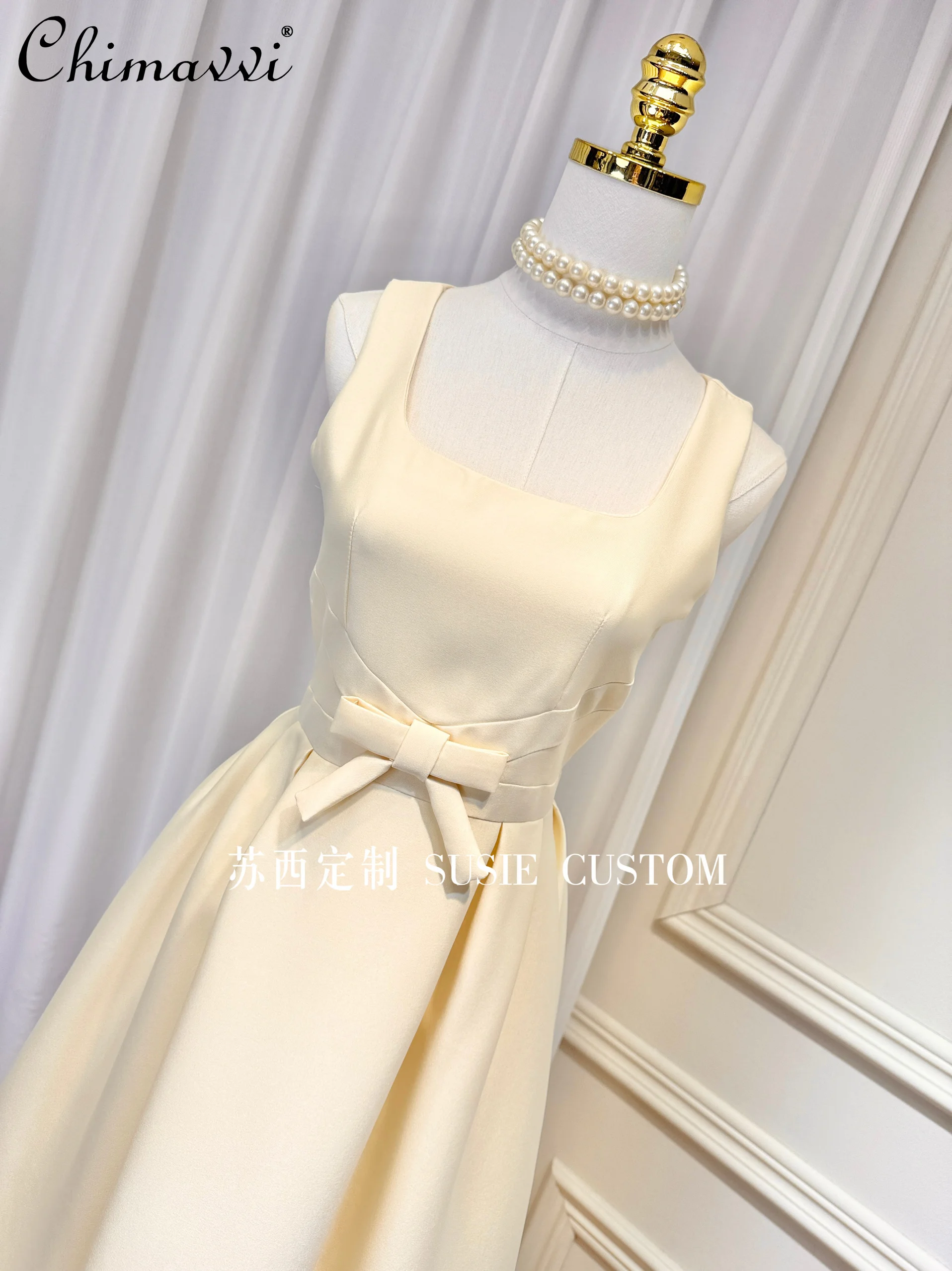 Princesa francesa elegante elegante pescoço quadrado arco cintura alta grande balanço vestido longo verão novo high-end vestido de festa de aniversário feminino