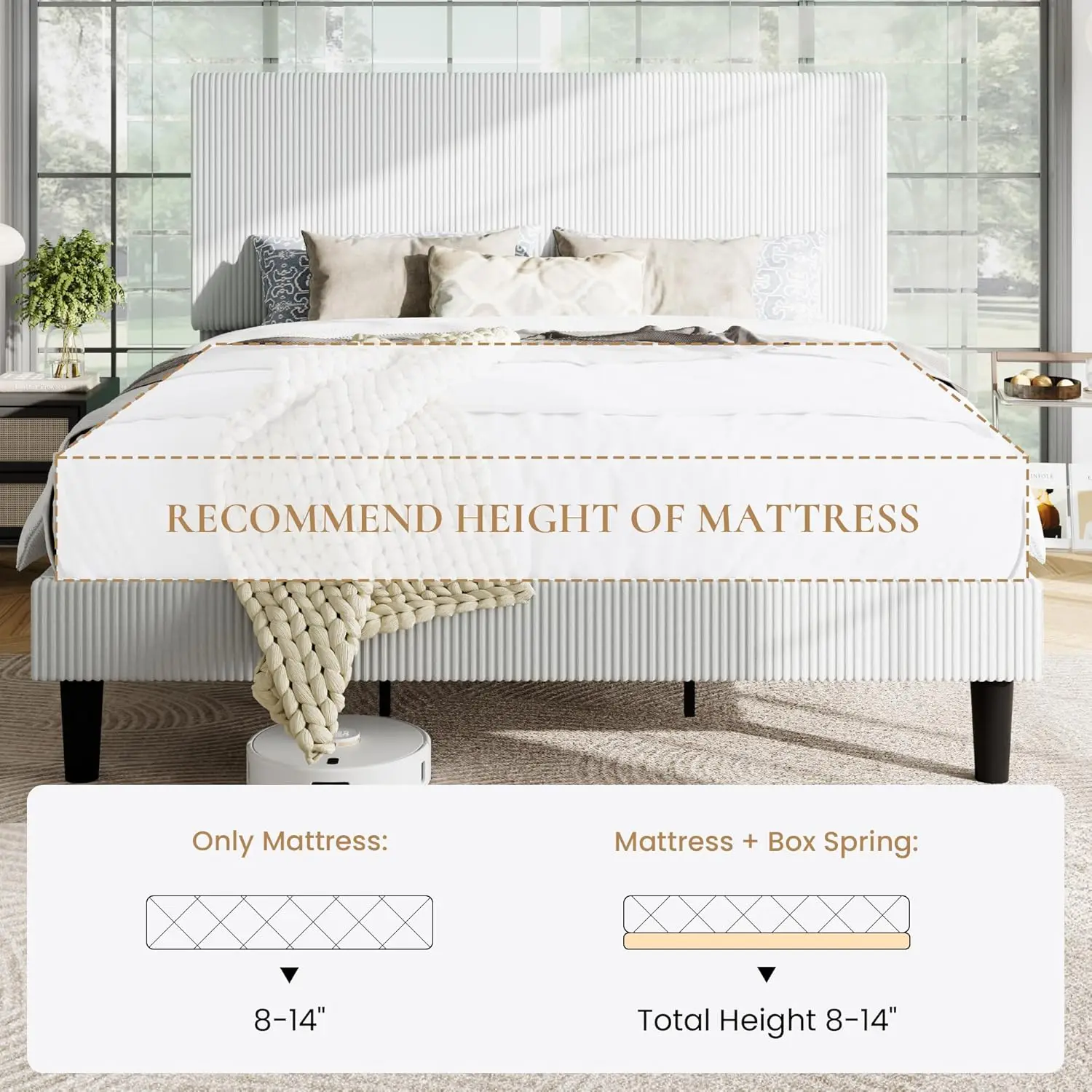 Velvet King Platform Bed Frame Vertical Tufted Headboard Corduroy Wooden Slats No Box Spring Easy Assembly White, Customized view 4