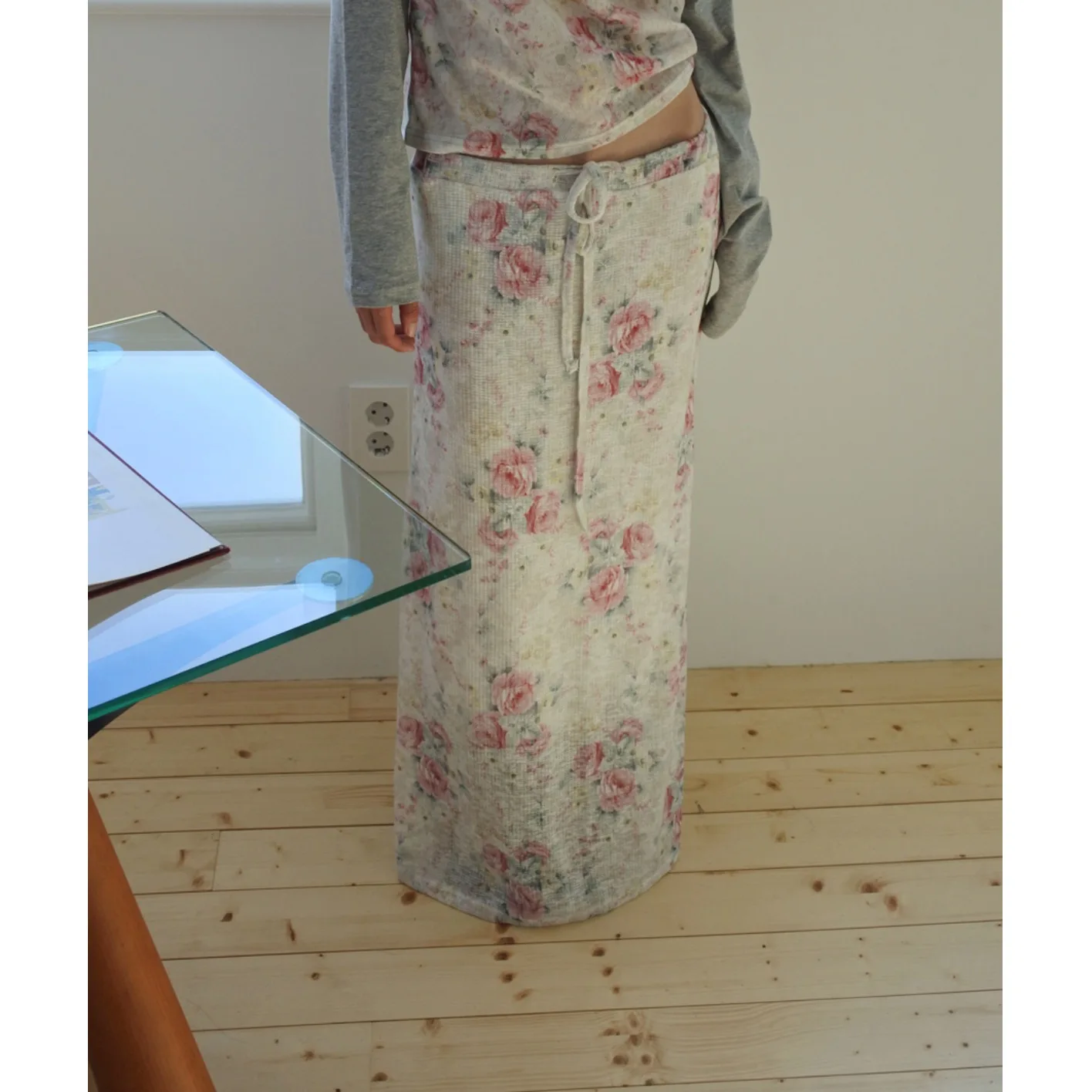 Romantic Floral Print Textured Half Skirt Women's Long Dress Autumn Winter New Style Vintage Oil Painting Style Bamboo Fiber