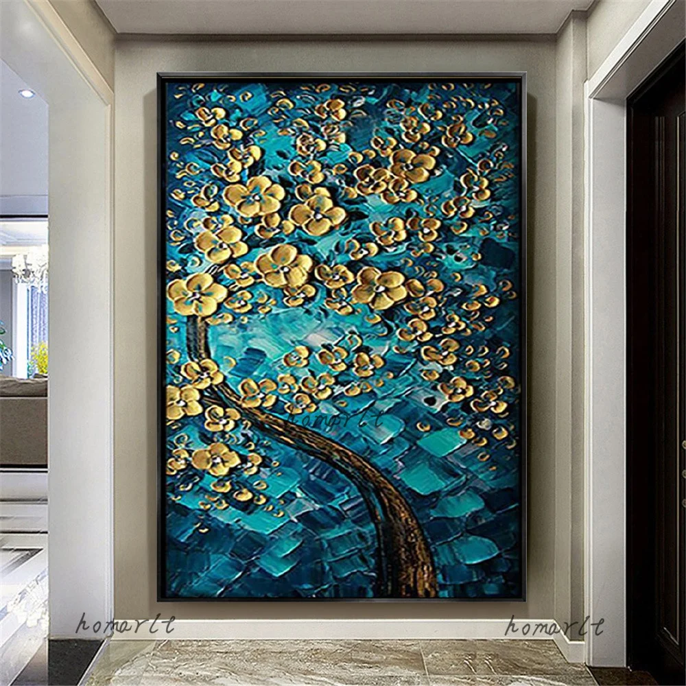 

100% Handpainted Knife Flowers Oil Paintings On Canvas Modern Blue Decor Poster Landscape Tree Pictures Home Decoration Wall Art