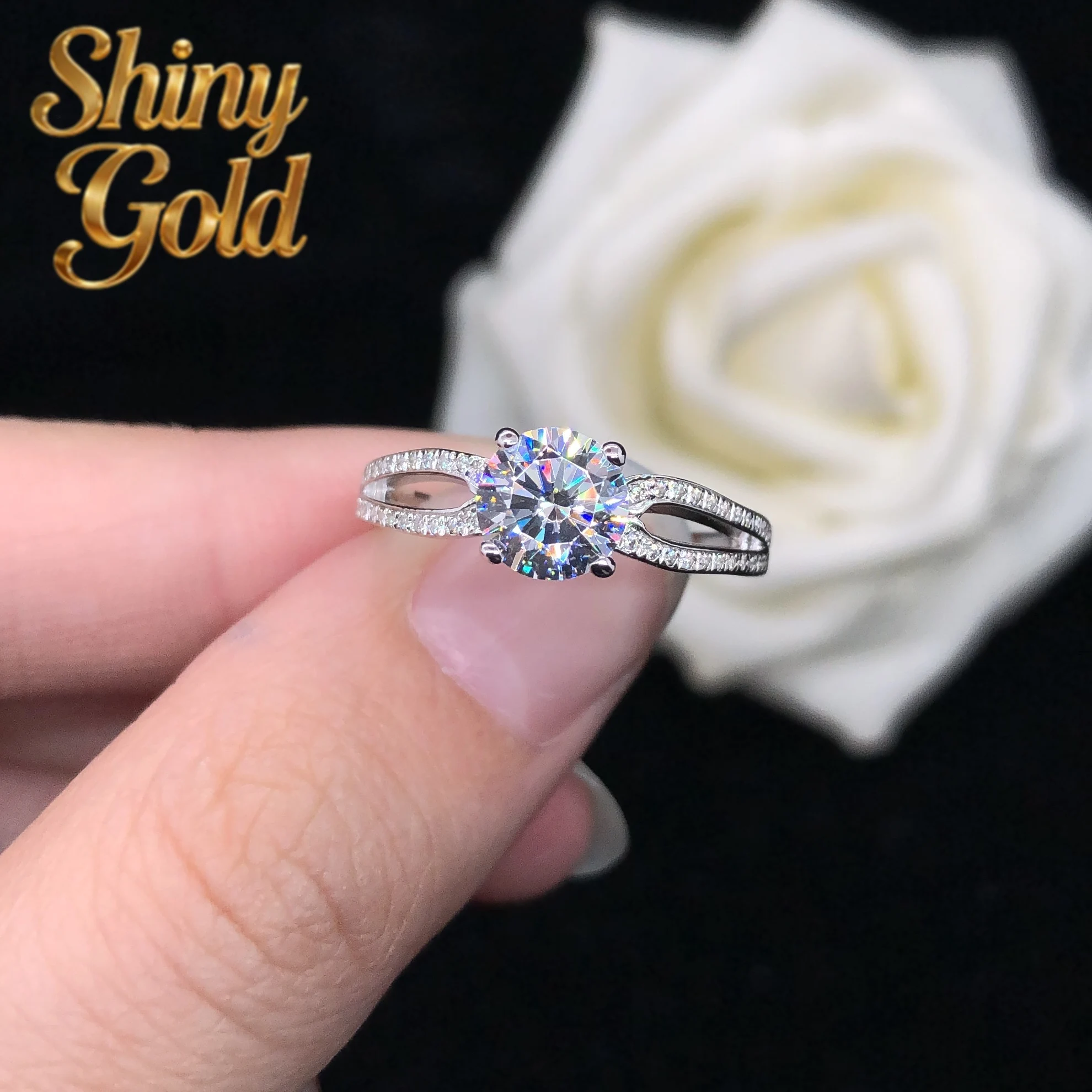 

ShinyGold Test Positive 1CT 6.5mm D Moissanite Diamond Ring AU750 Wedding Ring 18K White Gold Ring For Women