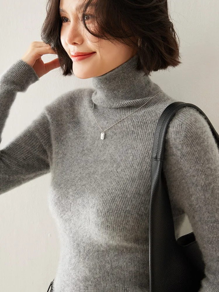Seamless cashmere sweater high neck slim thin drawstring sweater women's solid color long sleeve knitted bottoming shirt