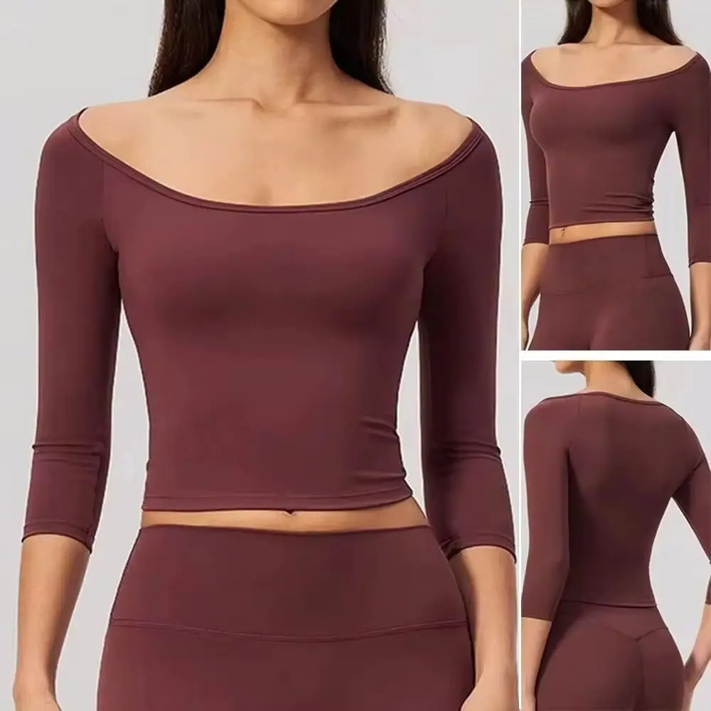 Women's Breathable Stretch 3/4 Sleeve Off Shoulder Crop Top with Fitted Slim Cut for Gym Tops Workout Running Fitness Yoga Shirt