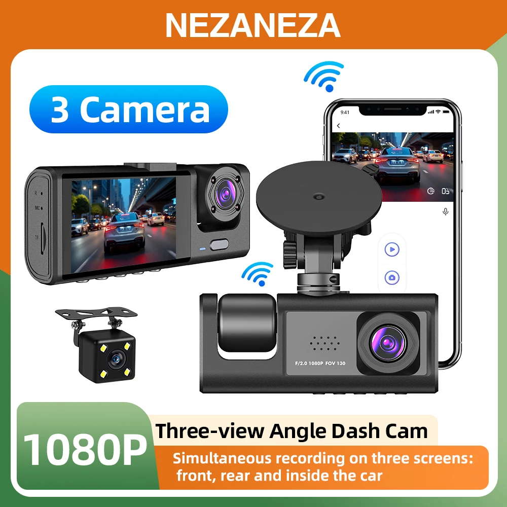 

1080P DVR Car Recorder HD 3-Lens Inside Infrared Night Vision 3 Cameras Gravity Sensor Universal IPS Safe Driving Video Recorder