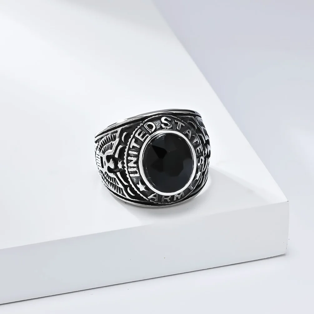 Punk Hip Hop US Army Navy Air Corps Stainless Steel Eagle Ring Men's Fashion Vintage Blue Red Stone Ring Jewelry Gift Wholesale - view 4