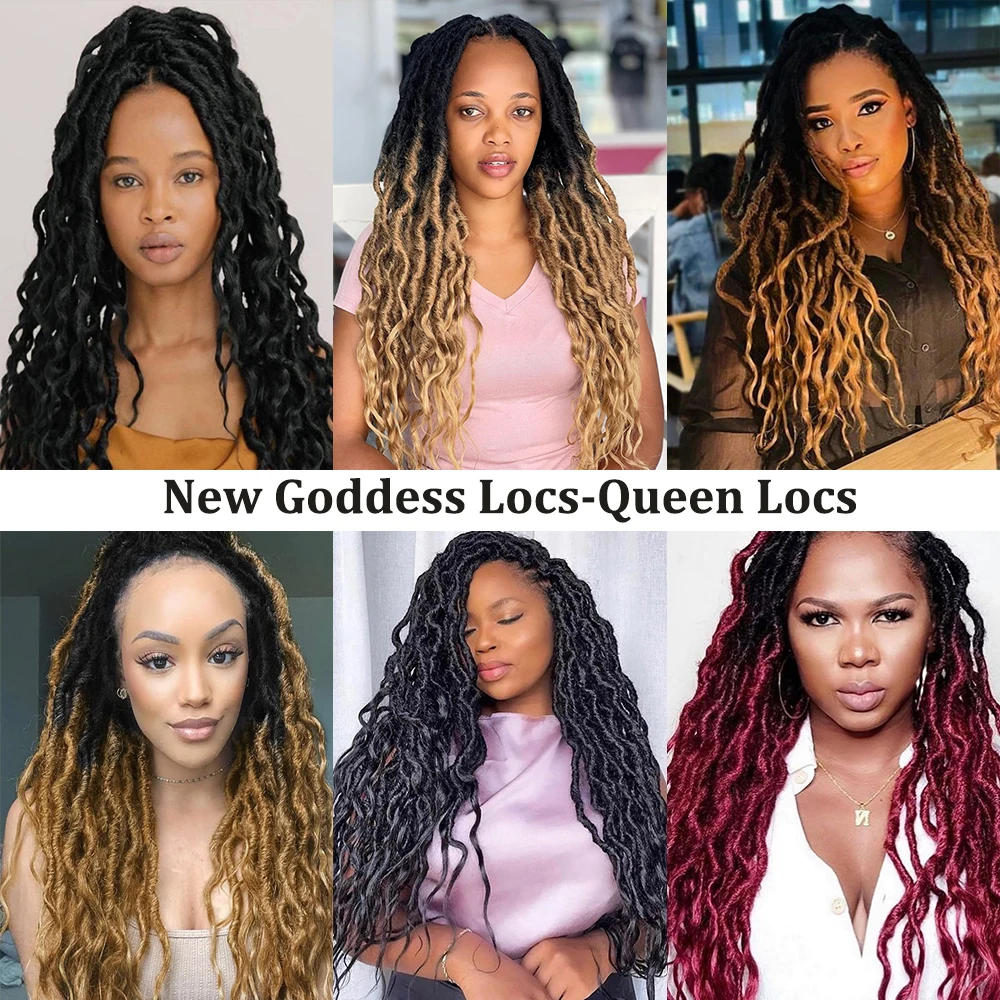 Goddess Faux Locs Crochet Hair With Curly Ends Wavy Queen Locs Pre-Looped Synthetic Ombre BraidS Hair Extensions Afro Dreadlocks