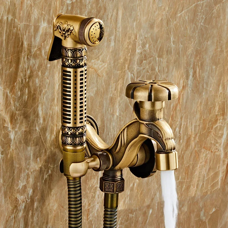 Antique Brass Bidet Faucets Dual Use Washing Machine Faucet Outdoor Garden Antifreeze Mop Tap with Spray Gun Anal Shower Bibcock